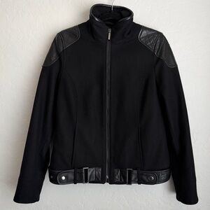 Trina Turk Women's Wool Quilted Leather Trim Moto‎ Full Zip Jacket Black Sz 6